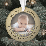 2 Photo 1st Christmas as Grandparents Black & Gold Ornament<br><div class="desc">Celebrate the precious gift of your newest family member with a custom 2 photo "Our First Christmas as Grandparents" faux gold foil round ceramic ornament. Gender neutral design is suitable for a new baby boy or girl grandchild. Picture and all text on this template are simple to personalise. (IMAGE &...</div>