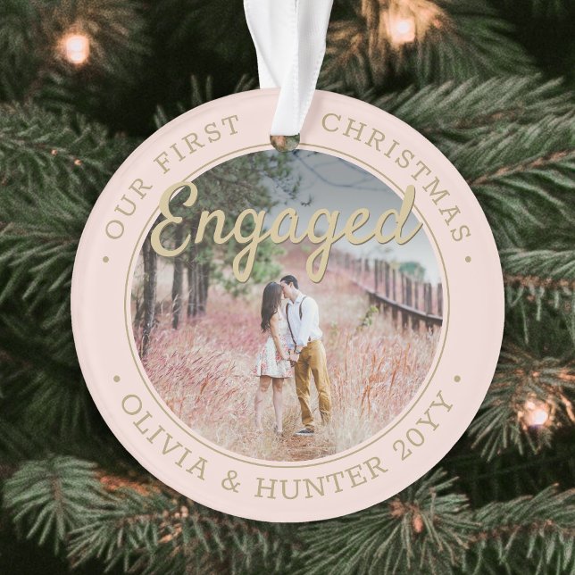 2 Photo 1st Christmas Engaged Blush Pink and Gold Ornament (Creator Uploaded)