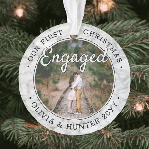 2 Photo 1st Christmas Engaged Elegant Faux Marble Ornament