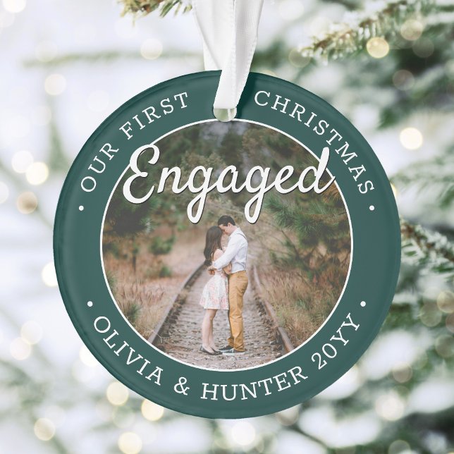 2 Photo 1st Christmas Engaged Elegant Green White Ornament (Creator Uploaded)