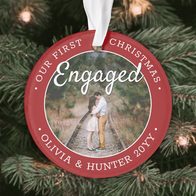 2 Photo 1st Christmas Engaged Elegant Red & White Ornament (Creator Uploaded)