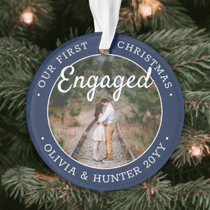 2 Photo 1st Christmas Engaged Navy Blue and White Ornament