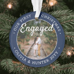 2 Photo 1st Christmas Engaged Navy Blue and White Ornament<br><div class="desc">Celebrate the joyful 1st holiday of your engagement with a custom 2 photo "Our First Christmas Engaged" round acrylic ornament. All text and images on this template are simple to personalise and can be different or the same on front and back. (IMAGE & TEXT DESIGN TIPS: 1) To adjust position...</div>
