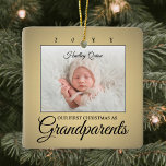 2 Photo 1st Christmas Grandparents Faux Gold Ceramic Ornament<br><div class="desc">Celebrate the precious gift of your newest family member with a stylish 2 photo "Our First Christmas as Grandparents" square ceramic ornament. Gender neutral design is suitable for a new baby boy or girl grandchild. All text and pictures on this template are simple to personalize. (IMAGE PLACEMENT TIP: An easy...</div>