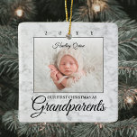 2 Photo 1st Christmas Grandparents Faux Marble Ceramic Ornament<br><div class="desc">Celebrate the precious gift of your newest family member with a stylish 2 photo "Our First Christmas as Grandparents" square faux marble ceramic ornament. Gender neutral design is suitable for a new baby boy or girl grandchild. All text and pictures on this template are simple to personalize. (IMAGE PLACEMENT TIP:...</div>