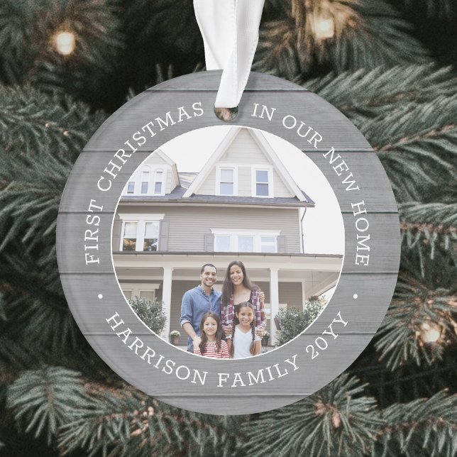 2 Photo 1st Christmas Housewarming Faux Grey Wood Ornament (Creator Uploaded)