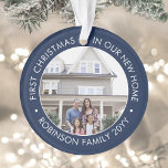 2 Photo 1st Christmas Housewarming Navy Blue White Ornament<br><div class="desc">Celebrate the joy of your new place with a custom two photo "First Christmas in our New Home" navy blue and white round acrylic ornament. All text and pictures on this template are simple to personalise and can be different or the same on front and back. (IMAGE & TEXT DESIGN...</div>