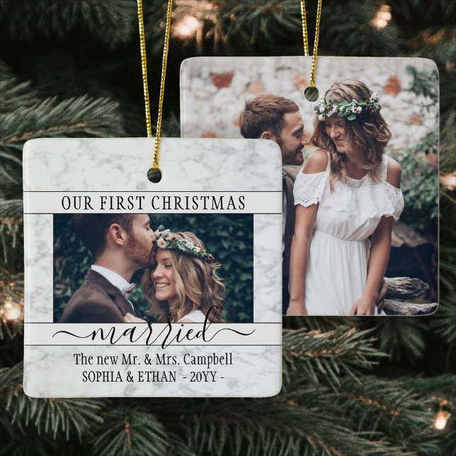 2 Photo 1st Christmas Married Elegant Faux Marble Ceramic Ornament (Creator Uploaded)