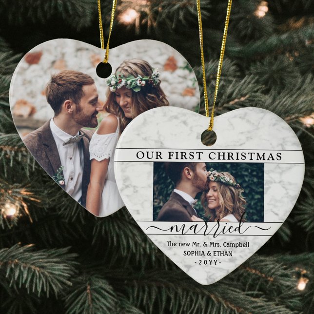2 Photo 1st Christmas Married Faux Marble Heart Ceramic Tree Decoration (Creator Uploaded)