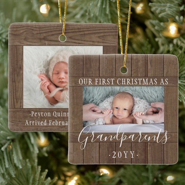2 Photo 1st Xmas Grandparents Rustic Faux Wood Ceramic Ornament (Creator Uploaded)