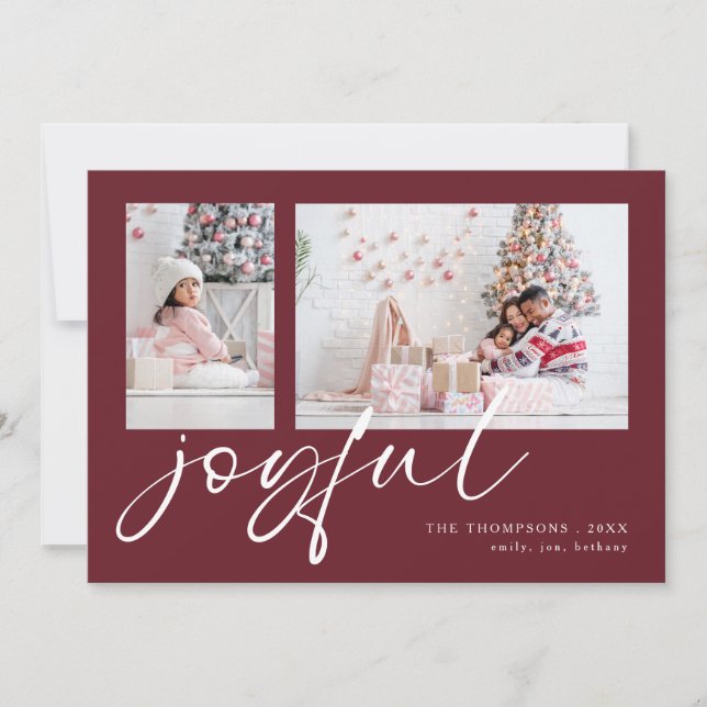 2 Photo 2026 Calendar Joyful Christmas Burgundy Holiday Card (Front)