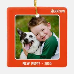 2-Photo 2 Sided Sporty Orange Milestone Event Ceramic Ornament