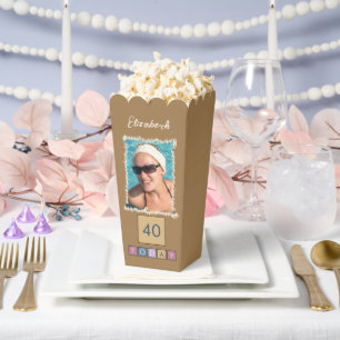 2 photo add name 40th *any age brown popcorn favour box