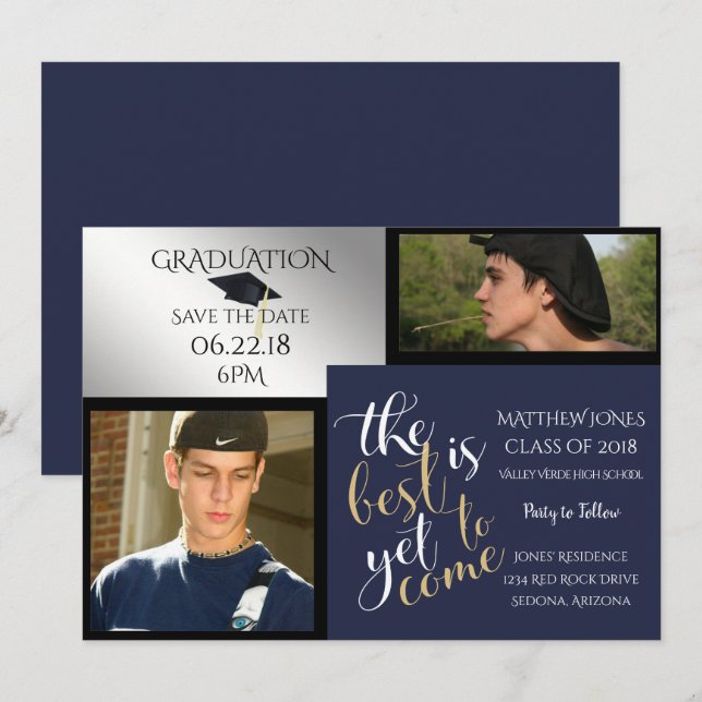 2 PHOTO and CHOOSE YOUR COLOR Blue Graduation Invitation (Front/Back)