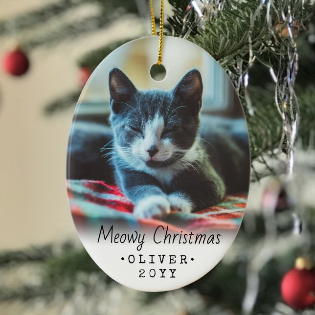 2 Photo Any Text Meowy Christmas Cat Simple White Ceramic Tree Decoration (Creator Uploaded)