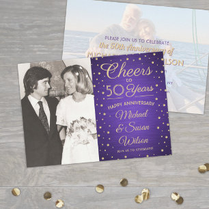 2 Photo ANY YEAR Anniversary Cheers Purple & Gold Invitation