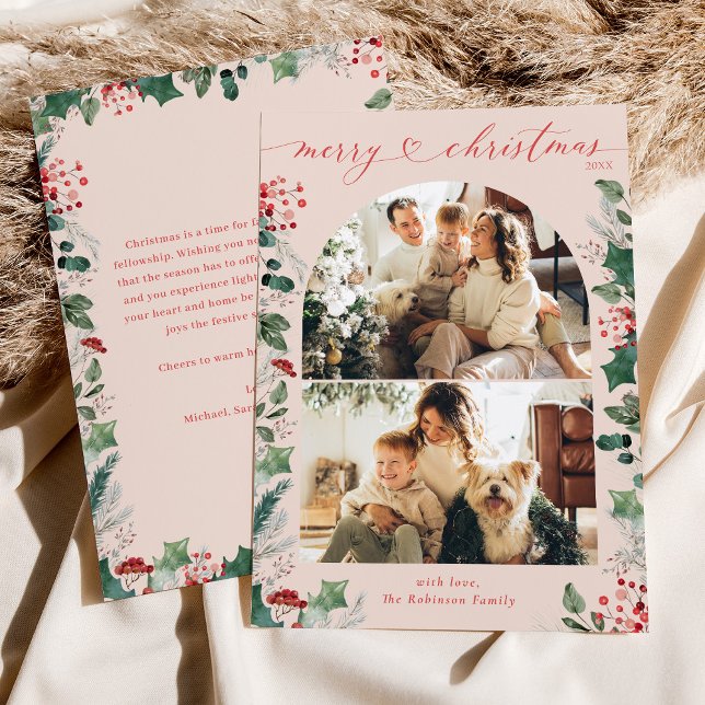 2 Photo Arch Pastel Pink Merry Christmas  Holiday Card (Creator Uploaded)