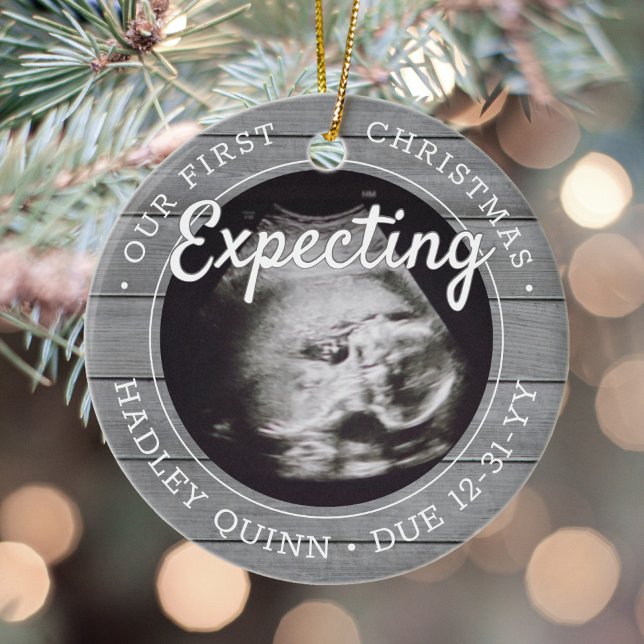 2 Photo Baby Ultrasound New Parents Faux Gray Wood Ceramic Tree Decoration (Creator Uploaded)