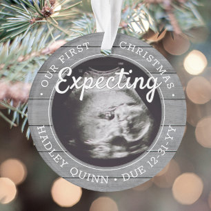2 Photo Baby Ultrasound New Parents Grey Faux Wood Ornament