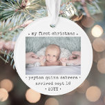 2 Photo Baby's 1st Christmas Modern Minimal Round Ornament<br><div class="desc">Celebrate the simple joys of your newest family member with a stylish two photo round acrylic ornament. Gender neutral design is suitable for a new baby boy or girl. Wording and pictures on this template are simple to personalise. "My First Christmas" quote is easy to change in case it's needed...</div>