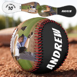 2 Photo Baseball Player Name Number Team Black<br><div class="desc">2 Photo Baseball Player Name Number Team Black Baseball Ball. You can make your own unique baseball with your name,  player number,  team name and 2 photos. In black and white colours. Great gift idea or a keepsake for baseball players. Great as a birthday present or Christmas present.</div>