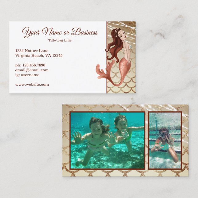 2 Photo Beautiful Mermaid in Rose Gold Beach Business Card (Front/Back)