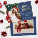 2 photo believe in the magic of Christmas blue Foil Holiday Card<br><div class="desc">Modern holiday greeting card featuring one of your favourite Christmas family portraits on the left complemented by a real gold foil frame and wording that reads "Believe in the magic of Christmas" on the right over an elegant blue background, customisable with your own greeting message. You can upload one more...</div>