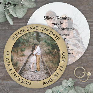 2 Photo Black and Gold Modern Wedding Unique Round Save The Date
