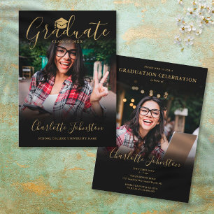2 Photo Black Gold Script Photo Graduation Party Invitation