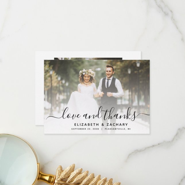 2-Photo Black Script Wedding Thank You Card (Front/Back In Situ)