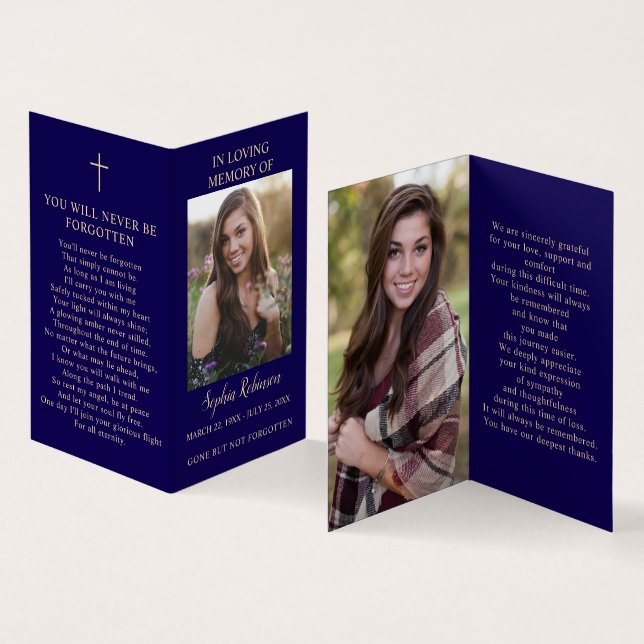 2 Photo Blue Gold  Memorial Folder Prayer Card (Inside and Outside)