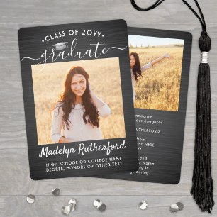 2 Photo Brushed Black and White Script Graduation Announcement