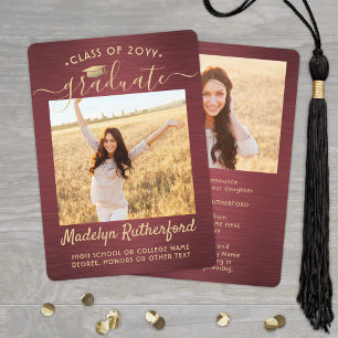 2 Photo Brushed Burgundy & Gold Script Graduation Announcement
