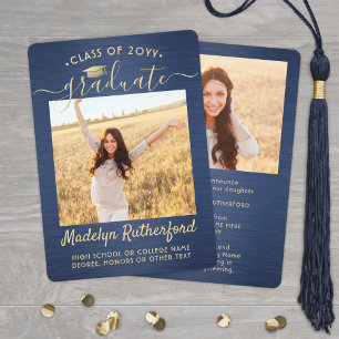 2 Photo Brushed Navy Blue & Gold Script Graduation Announcement