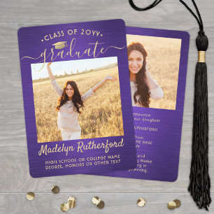 2 Photo Brushed Purple and Gold Script Graduation Announcement