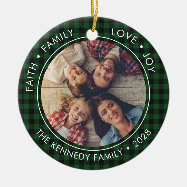 2 Photo Buffalo Plaid Faith Family Love Joy  Ceramic Tree Decoration (Front)