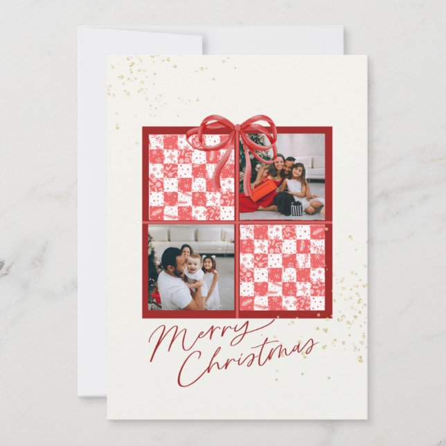 2-Photo Card Red-White Pattern Christmas Present  (Front)