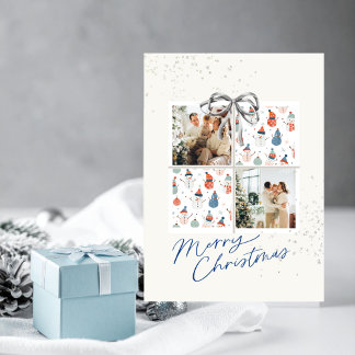 2-Photo Card Silver-Blue Pattern Christmas Present