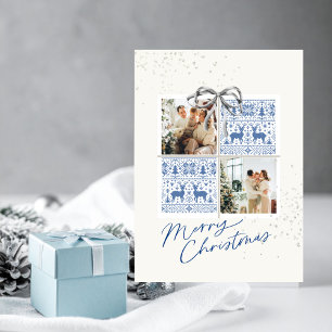 2-Photo Card White-Blue Pattern Christmas Present