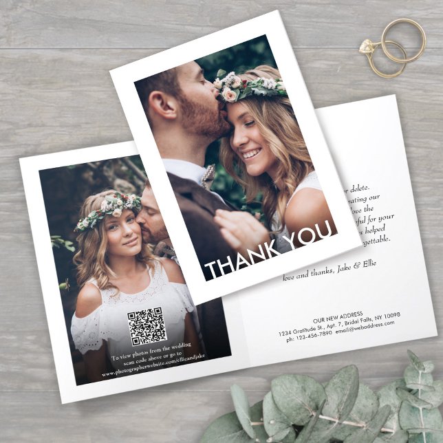 2 Photo Chic Deco Typography & New Address Wedding Thank You Card (Creator Uploaded)