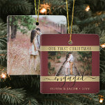 2 Photo Christmas Engagement Burgundy & Faux Gold Ceramic Ornament<br><div class="desc">Celebrate the joyful 1st holiday of your engagement with a custom 2 photo "Our First Christmas Engaged" square burgundy and gold ceramic ornament. All text and images on this template are simple to personalise. (IMAGE PLACEMENT TIP: An easy way to centre a photo exactly how you want is to crop...</div>