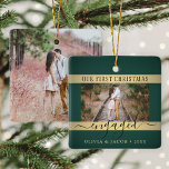 2 Photo Christmas Engagement Green and Faux Gold Ceramic Ornament<br><div class="desc">Celebrate the joyful 1st holiday of your engagement with a custom 2 photo "Our First Christmas Engaged" square green and gold ceramic ornament. All text and images on this template are simple to personalize. (IMAGE PLACEMENT TIP: An easy way to center a photo exactly how you want is to crop...</div>