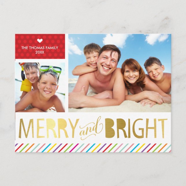 2 PHOTO CHRISTMAS FAMILY modern merry & bright Holiday Postcard (Front)
