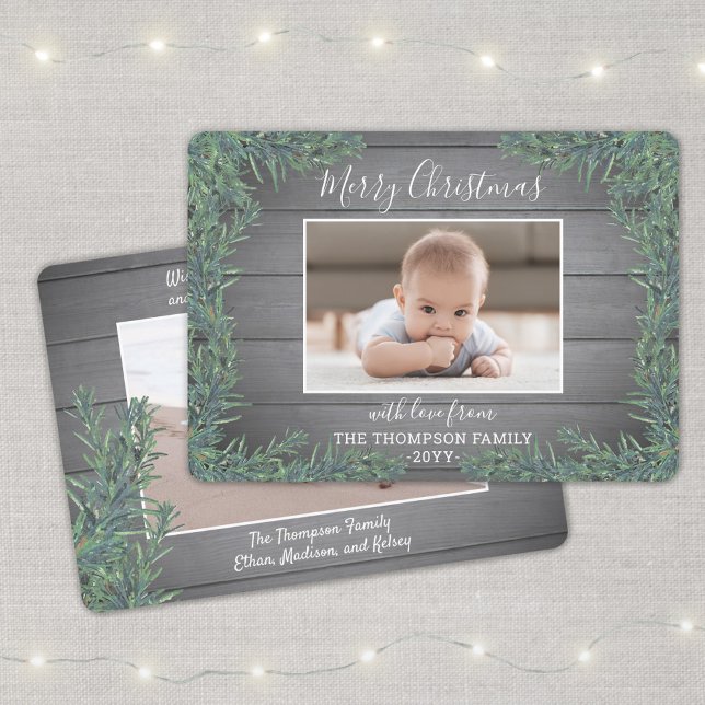 2 Photo Christmas Greenery & Rustic Grey Wood Holiday Card (Creator Uploaded)