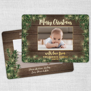 2 Photo Christmas Greenery, Rustic Wood & Lights Foil Holiday Card