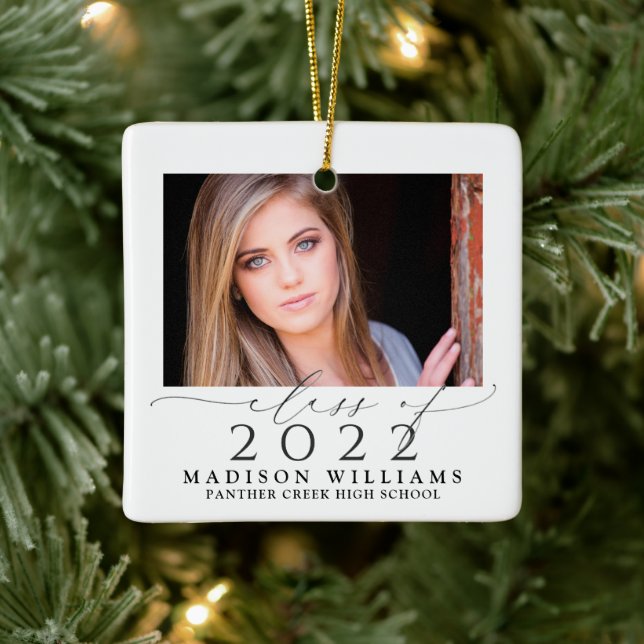 2 Photo Class of 2022 Elegant Script Graduation Ceramic Ornament (Tree)