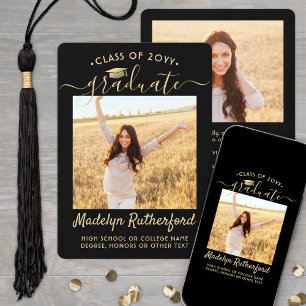 2 Photo Class Year Black & Gold Script Graduation Announcement