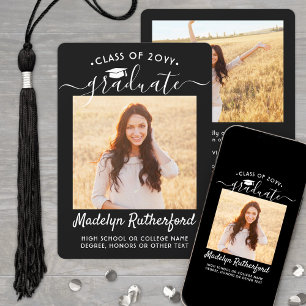 2 Photo Class Year Black & White Script Graduation Announcement