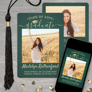 2 Photo Class Year Green & Gold Script Graduation Announcement