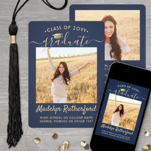 2 Photo Class Year Navy and Gold Script Graduation Announcement